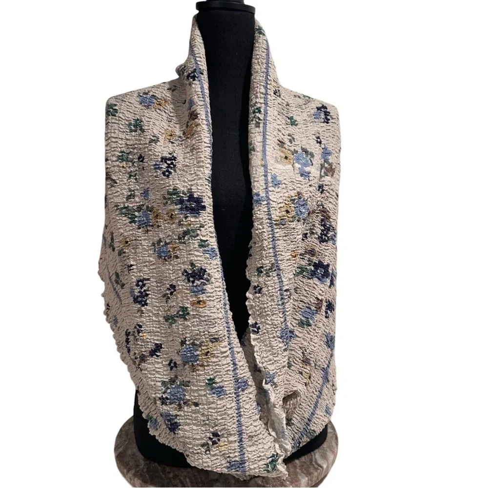 New Vintage Inspired Infinity Loop Scarf Floral Crinkled Chiffon Off White Airy